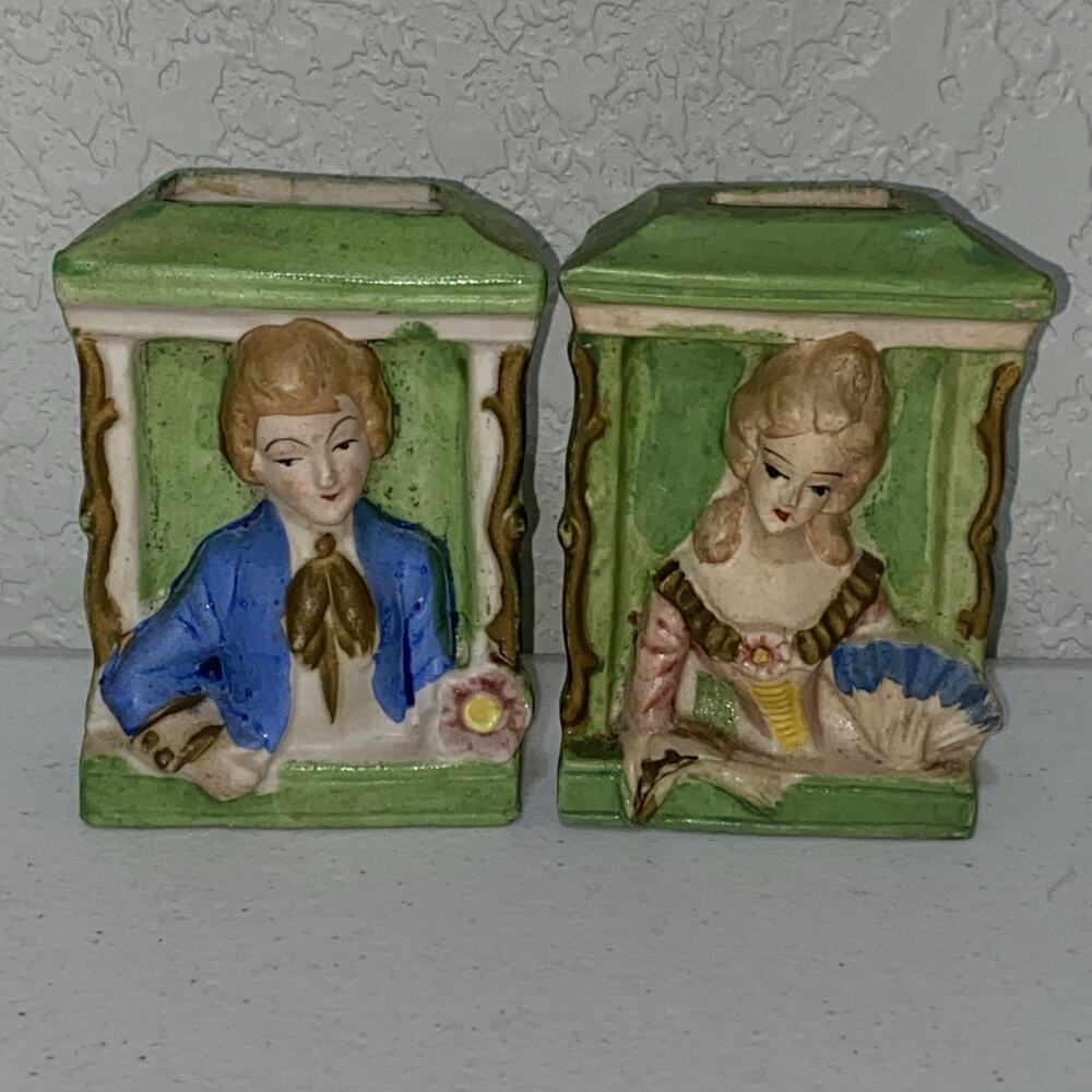 VTG Occupied Japan Wall Hanging Small Pocket Vase Set of 2 Man Woman‎ Floral 3D
